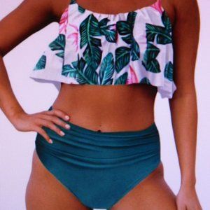 High Waisted Two Piece White Green Swimsuit - L (12-14)